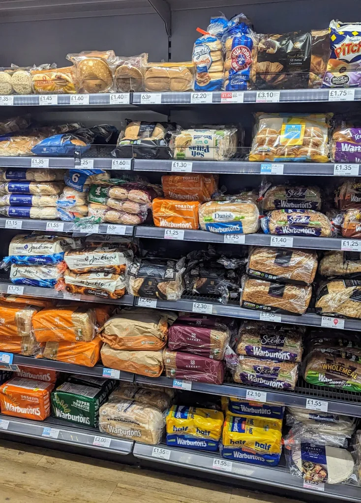 An example of ultra-processed, long-life bread - virtually all products in this image contain the additive E471 